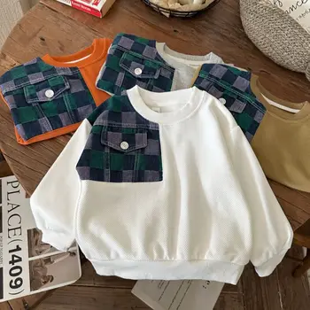 2023 Nove Jesensko Otroci Boutique Oblačila Sweatershirt Fantje Modni O-vratu Kavbojke Kariran korejski Športni All-tekmo Preprost Stil