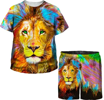 2023 Novo Poletje 3D Lion Majica s kratkimi rokavi bo Ustrezala Otrok Živali Dve Delni Set Smešno 3D Tiskanih Kul Vrhovi Tee Fant Dekle Otroci Oblačila