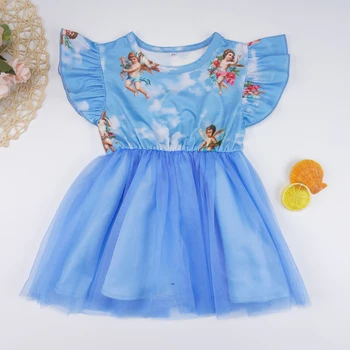 Baby Girl Oblačenja Poletje Modri Krog Vratu, Ki Plujejo Pod Rokav Natisnjeni Mrežasto Obleko