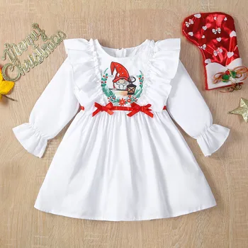 Božič Malčke Baby Dekleta Oblačenja Čipke Izrezanka Santa Natisne Ruffles Dolg Rokav Obleka Pomlad Jesen Priložnostne Princesa A-line Oblačenja