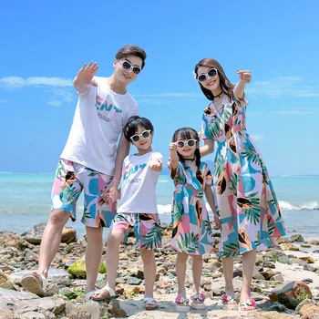 Družina Ujemanja Obleke Poletje Plaža Mati Hči Obleke Oče, Sin T-shirt & Hlače Družino Videz Nekaj Ujemanje Obleko