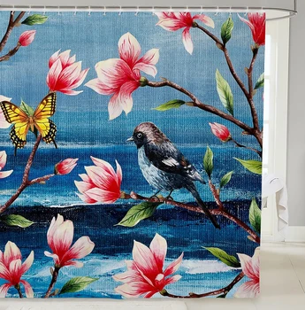 Japonski Slog Slikarstvo, Tuš Zavese,Rožnat Češnjev Cvet Kopel Zavese,Modro Dno Ptica Nepremočljiva Tuš Zavese za Kopalnico