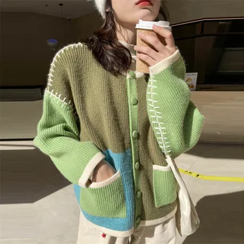 Kontrastne barve mozaik pulover za ženske jesen in zimo, nov dizajn, vrečko sponke pletene cardigan za zunanjo rabo