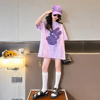 Korejski najstniška Dekleta T-shirt Kratek Rokav Modi Poletje otroci Risanka Dolgo, T Prosti čas Otroško Svoboden Velika T obleko