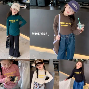 Korejski t-shirt otroci, otroci oblačila črke natisni visoko vratu dolg rokav malčke baby dekleta dolge majice s kratkimi rokavi top 2 do 12 let