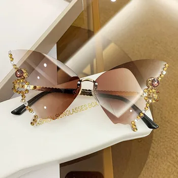 Luksuzni Diamond Metulj Sončna Očala Ženske Blagovne Znamke Kristalov Letnik Rimless Prevelik Dame Sončna Očala Očala Coloful Moda