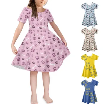 Malčka Dekle Kratka Sleeved Crewneck Živalske Stopinje Tiskanja Obleko Za 4 Do 15 Let, Uvoženih Obleke