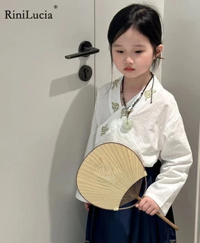 RiniLucia Dekliška Oblačila, Ki Moda Kitajski Kompleti Oblačil 2023 Novih Otroci Dekle Vezenje V Vratu Vezenje Bluzo + Krilo Obleko