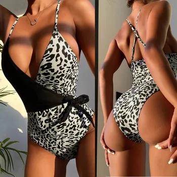 Swimmwear Backless Žensk Seksi Leopard Bikini Kopanje Vratu Natisnjeni Kopalke Obleko V Oblazinjeni Visoko Pasu Havajih swiming Biquinis