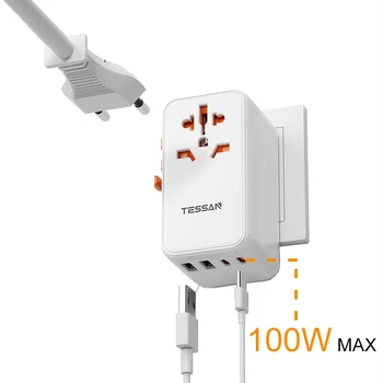 TESSAN Univerzalni Potovalni Adapter 100W PD Hitro Polnjenje z 2 Vrata USB & 2 Tip C, po vsem Svetu Potovalni Adapter za EU in UK USA AU