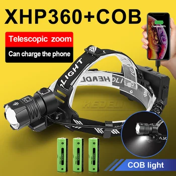 XHP360 COB LED Žaromet Močnih Žarometov Svetilka 18650 USB Polnilne XHP199 Vodja Svetlobe Zoom Nepremočljiva Glavo Svetilka Svetilka